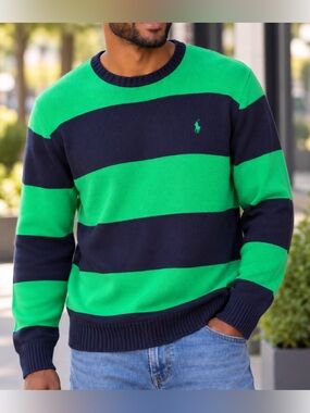 Polo Ralph Lauren Mens L Green Navy Striped Crewneck Sweater Pony Vintage Y2K